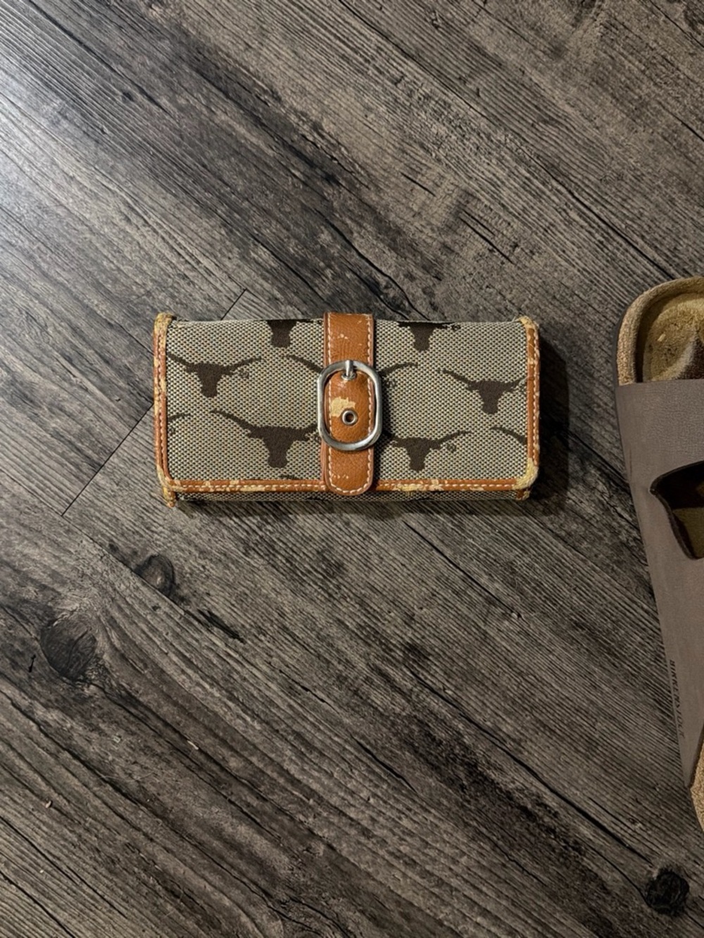 Vintage Texas Longhorn Tan Canvas Print Wallet with Leather Trim
